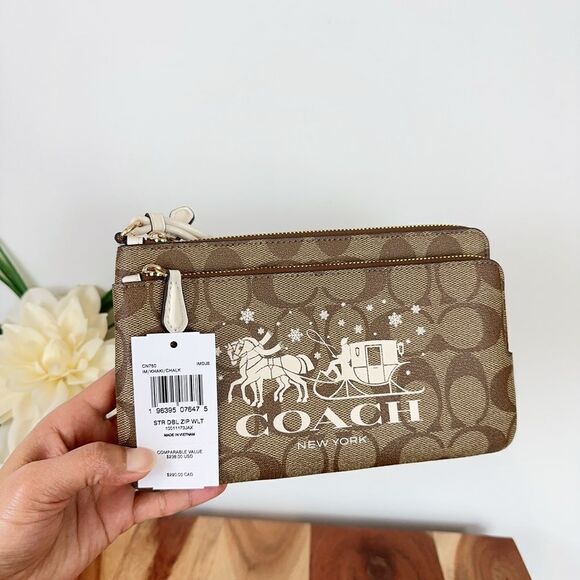 NWT Coach Double‎ Zip Wallet In Signature Canvas With Horse And Sleigh